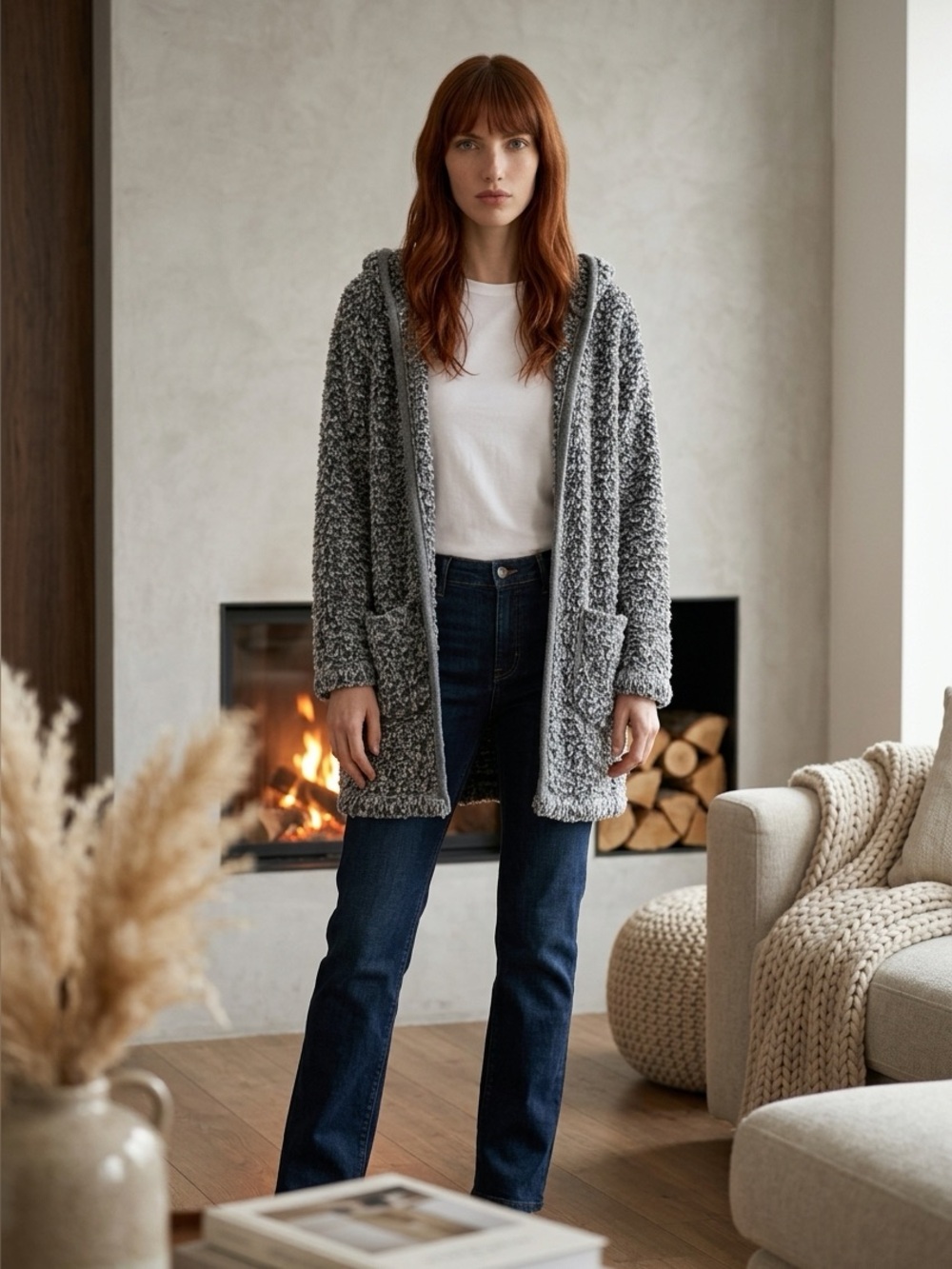 Kensie Blue Marled Faux Fur Hooded Boucle Cardigan Women’s Small/Medium